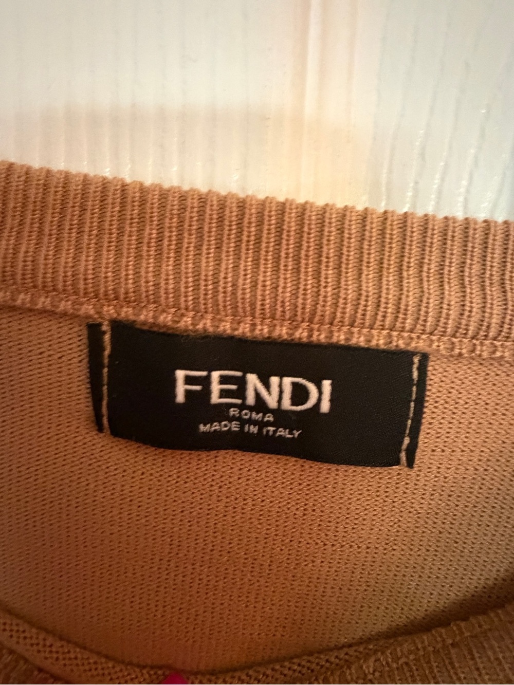 Fendi Tan light Crewneck Sweater with Red Geometric Stripe - Picture 3 of 9